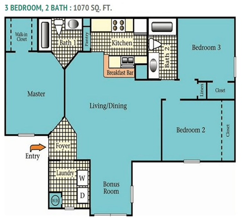 Floor plan for 3 beds, 2 baths, 1070 sqft